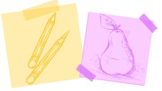 Sketches of pencils and a pear.