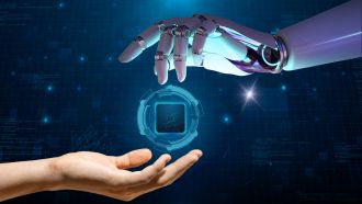 Human hand and Mechanical Hand come together with Artificial Intelligence