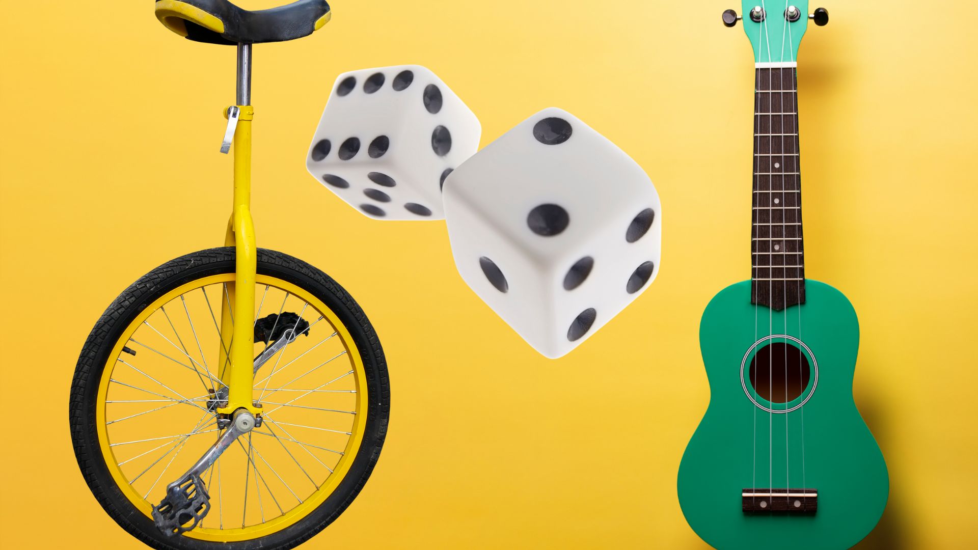 Unicycle, dice, and ukulele
