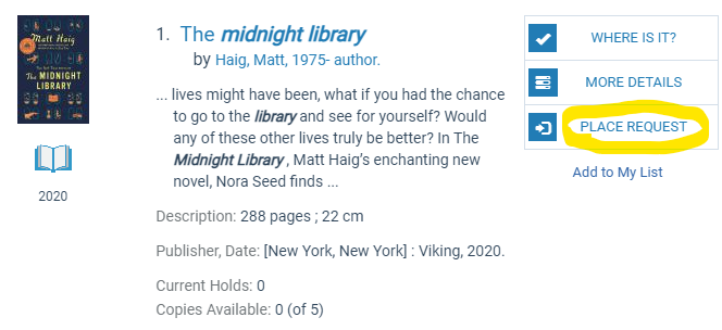 Library catalog screenshot with the Place Request button circled